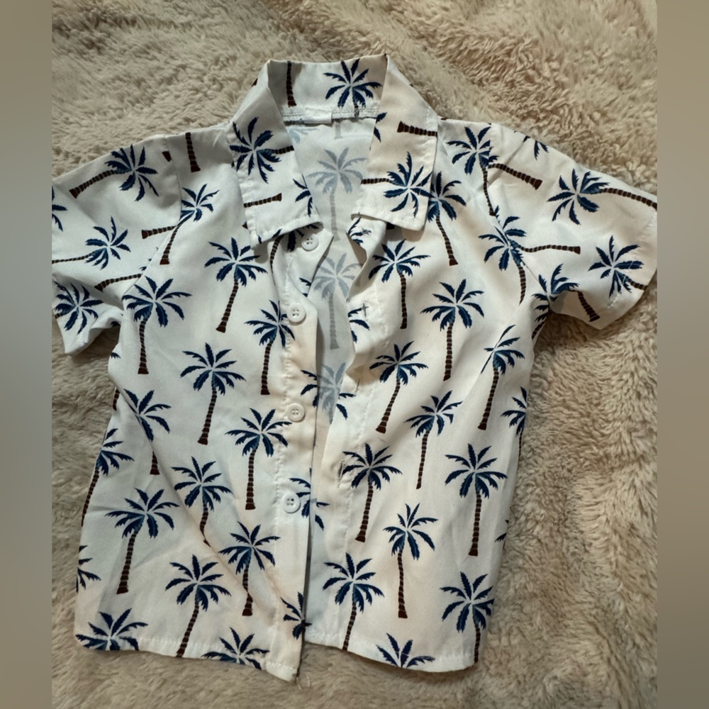 White Shirt with Blue Palm Tree Print